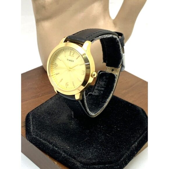 Timex Women\'s Watch TW2V36000 Quartz Gold Black Leather Band 32mm